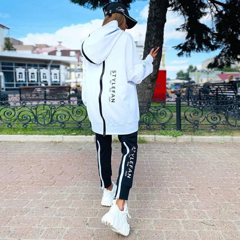 2024 Fashion Women\'s Long Zipper Front and Back with Letter Printed Loose Long Hoodie Pants Set