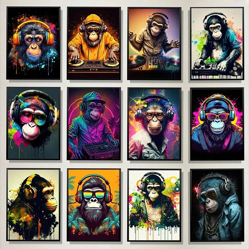 Abstract Tropical DJ Monkey Wearing Headphone Music Poster Canvas Painting Wall Art Pictures Home Club Bar Decor Gift