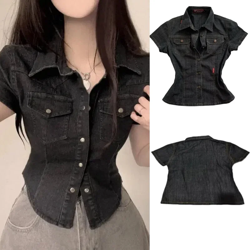

Женская черная джинсовая рубашка с коротким рукавом, на пуговицах, классический укороченный джинсовый топ с отложным воротником, приталенный, эластичный, для повседневной носки