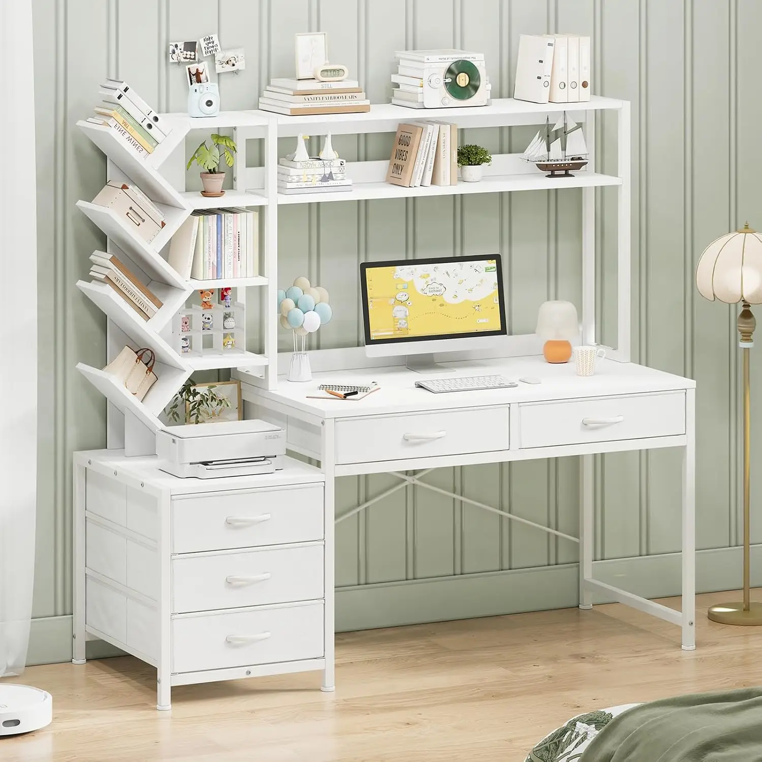 Reversible Computer Desk with Hutch, Home Office Desk with 5 Drawers and Bookshelf, 52'' Study Writing Desks, Customized