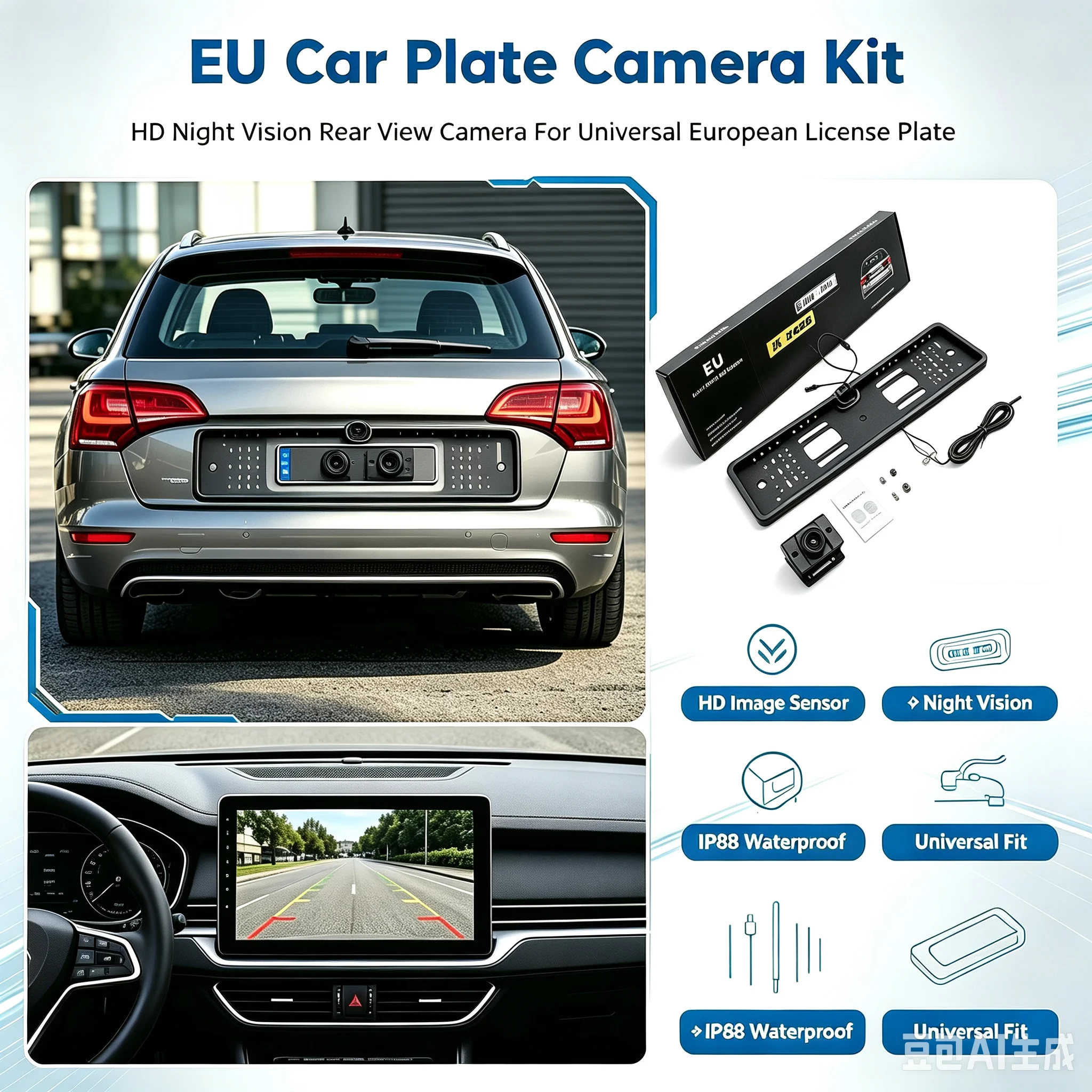 Caméra de recul HD sans fil WIFI pour voiture, cadre de plaque d'immatriculation européenne, caméra de recul avec vision nocturne, étanche, compatible avec les téléphones IOS et Android, affichage en temps réel