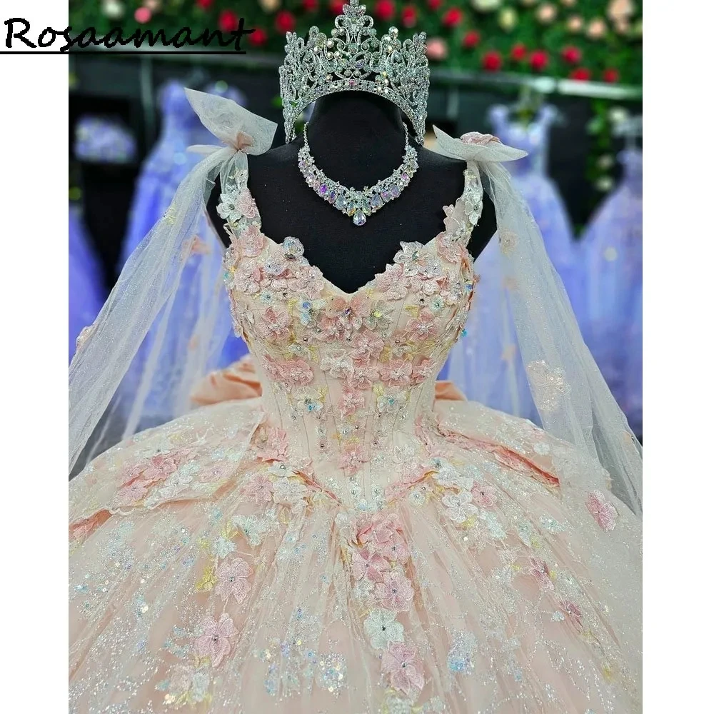 

Blush Pink 3D Flowers Ball Gown Quinceanera Dresses Spaghetti Strap Sequined Crystal Lace Corset Vestidos De 15 Años