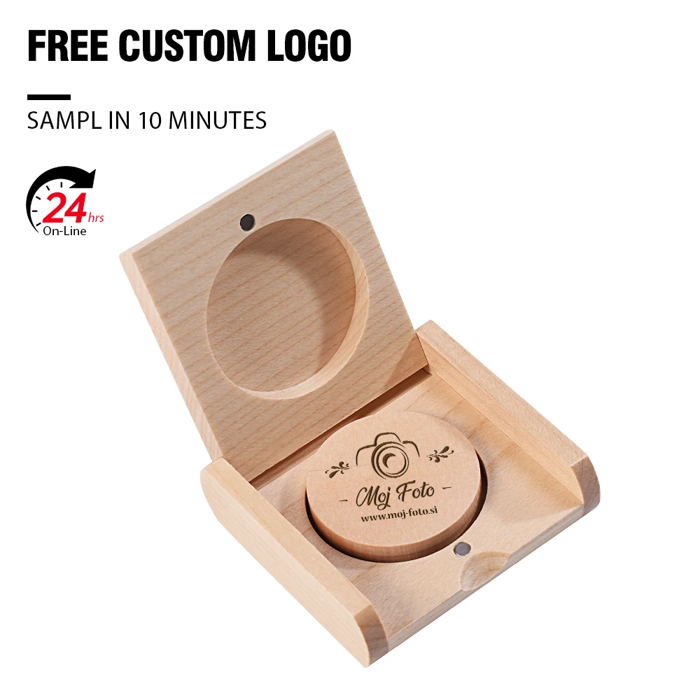

Free Custom Logo Pen Drive Round Wood Box USB Flash Drive Memory Stick Pendrive Storage Device Wedding Gift 128GB 64GB 32GB 16GB