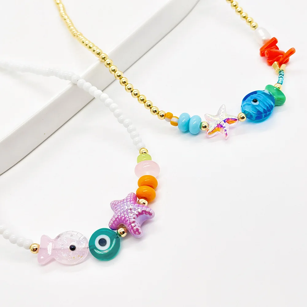 ZGMXR Rice bead necklace Eyes Fish Starfish Bohemia Creativity Pattern Fashion Hand weaving Adjustable Woman Beaded necklace