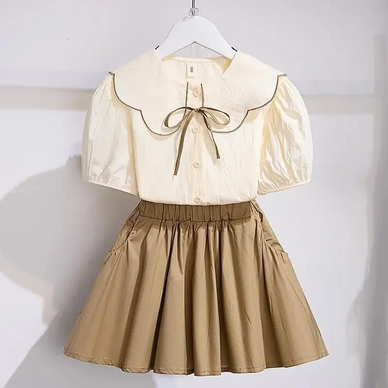 

Girls Summer Skirt Sets Children Casual Outdoor Top+Kilt 2Pc Outfits Kids Daily Lotus Leaf Collar Shirt Thin Suits 4-14 Years