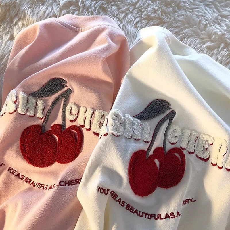 Sweet Girl High Street Flock Cherry Embroidery T Shirts Pure Cotton 2022 Summer Large 3XL Harajuku Oversized Teens Y2k Aesthetic