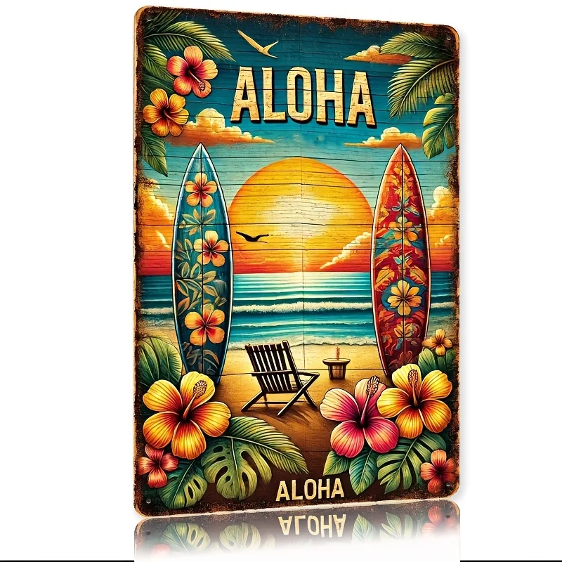 Room Decor  Aloha Vintage Tin Sign, , Iron Material, Rustic Farmhouse Wall Art, Colorful Hawaiian Beach for Home, Porch, Living 