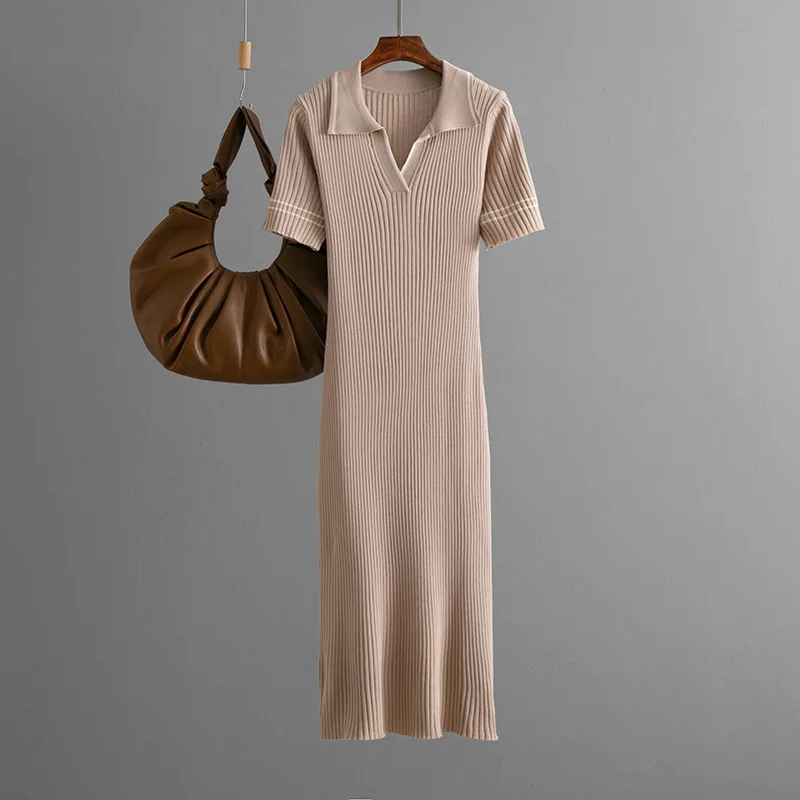 فستان نسائي ملفوف على الورك بأكمام قصيرة فساتين طويلة متماسكة وياقة مقلوبة بقصة ضيقة وأنيقة من فيستدوس محبوكة أنيقة