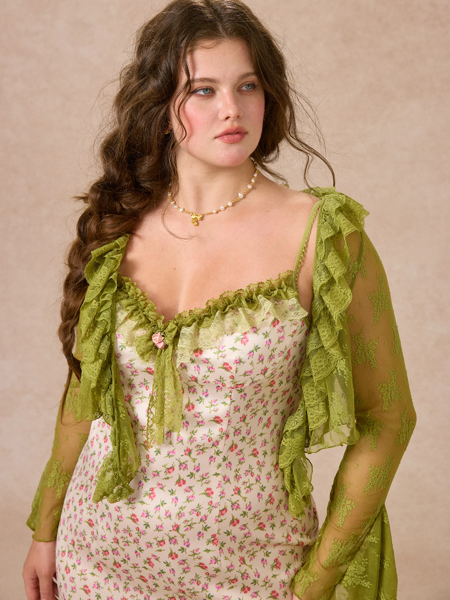 

Large Size Women's Lace Floral Print ter Dr Set Country Sle Top And Bot Ensemble Spring Casual Wear Midi Length