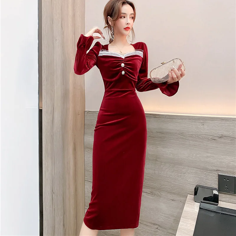 2022 Women Autumn Winter Velvet Dress Lady Long Sleeve Fungus Lace Mesh Yarn Velour Dresses Chic Casual Elegant Party Vestidos