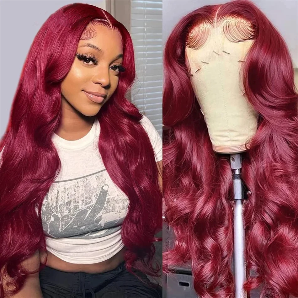 13x4 13x6 Full Frontal Lace 99j Burgundy Brazilian Preplucked Colored Body Wave Frontal Wigs HD Transparent Lace Human Hair Wigs