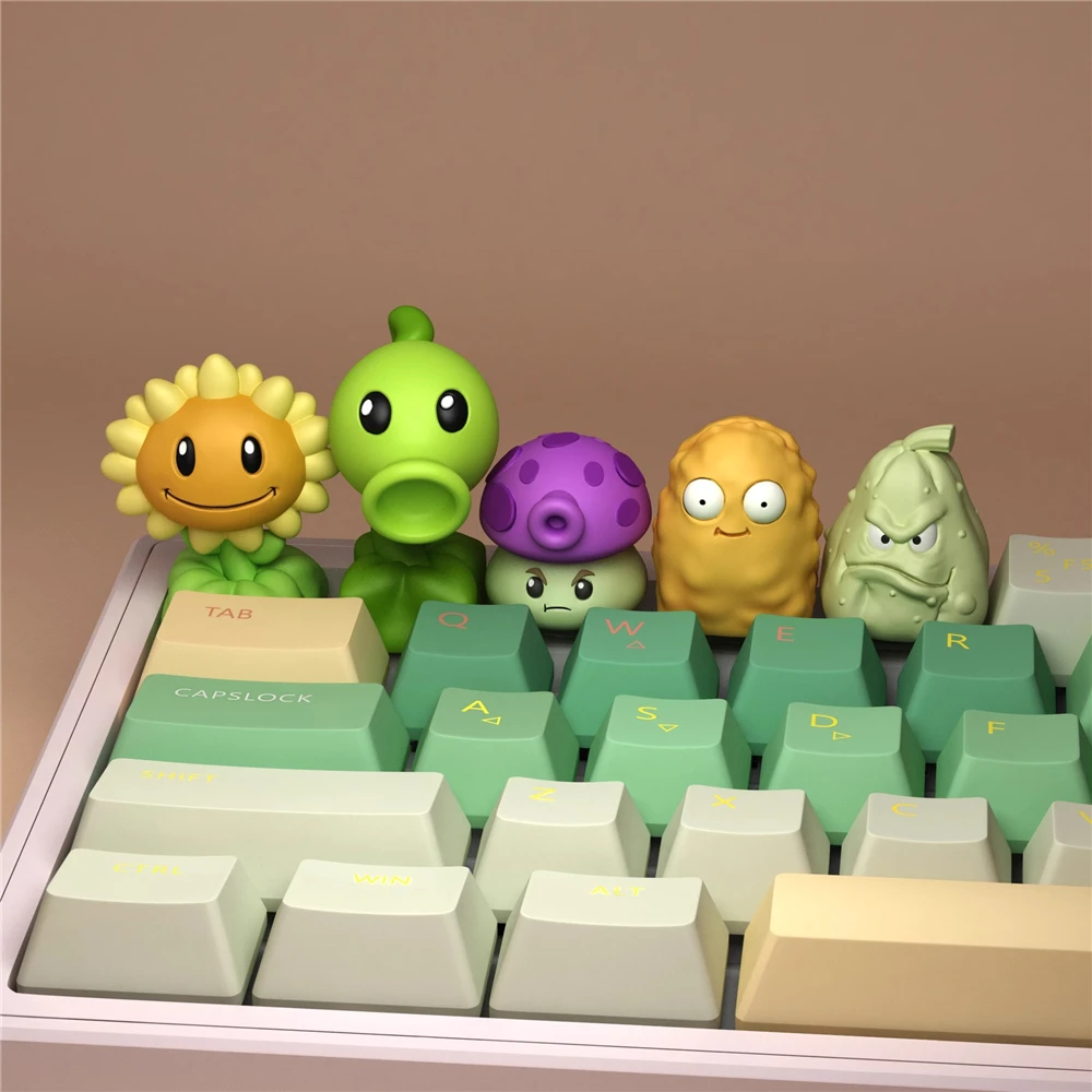 3D Fantasy PVC Keycaps - Sunflower & Peashooter Shapes, Vivid Design, Durable & Light, MX-Compatible for Gaming Keyboards