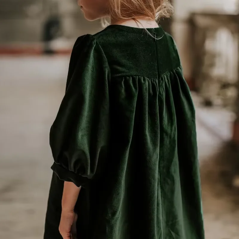 Girls Dress New Retro Velvet Square Neck Solid Color Loose Half Sleeved Ruched Chic Party Vintage Dresses فساتين الأطفال платье