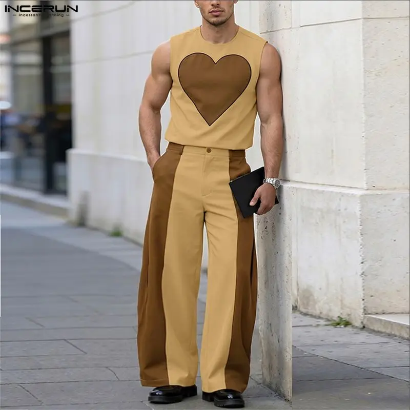 INCERUN Men's Sets Patchwork Color-block Sleeveless Tank Tops Wide Leg Pants Two Piece Sets Streetwear Fashion Men Matching Sets - view 3
