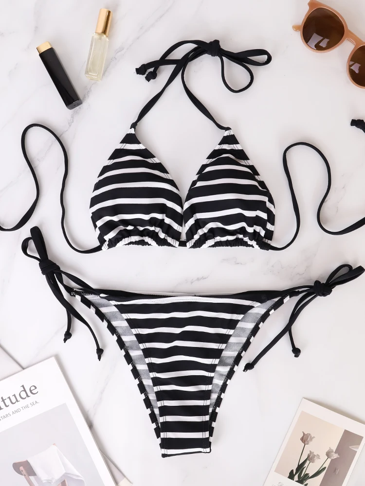 

Two Piece Set Triangle Bandage Female Beachwear Summer Sexy Black And White Striped Bikini Swimsuit Beach Women's Style Bikini