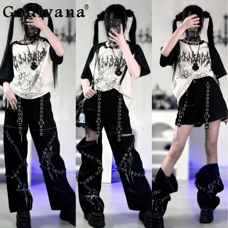 IMU Harajuku Subculture Gothic Punk Fashion Jeans Hot Girls Women's Daily Loose Detachable Trousers Shorts Street Sweet Cool Jea
