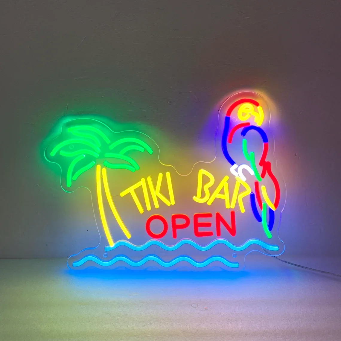 Tiki Bar Open Neon Sign Parrot Palm Tree, Custom Bar Neon Sign , Personalized Tiki Bar Decor, Beach Bar Sign