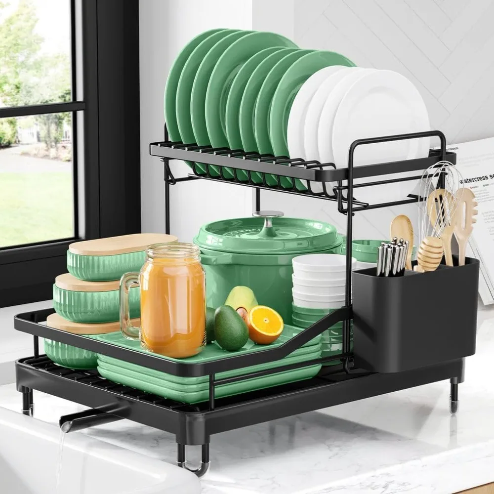 

Kitsure Dish Drying Rack - Racks for Kitchen Counter, 2-Tier Rack w/a Cutlery Holder, Compact Drainers for