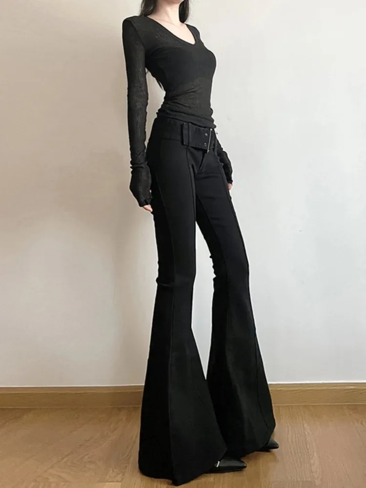Celana Jeans Hitam Model Flare Y2k Retro Wanita E-Girl 2000-an Streetwear Fashion Celana Harajuku Lebar Yoga Pants 90-an Pakaian Estetik