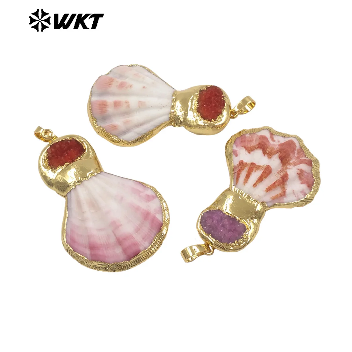 WT-JP507 New Lovely Badminton Shape Design Scallop Shell And Stone Druzy  Quartz Pendants With 18k Gold Plated ACC Making