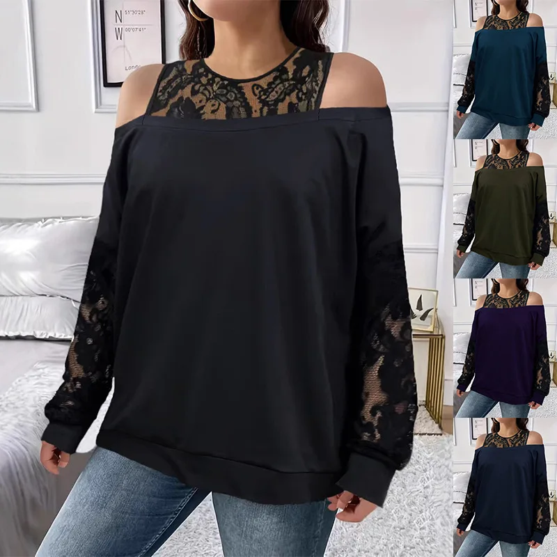 

2025 Large Size T Shirt Women Off Shoulder Lace Spliced Loose Tee Shirts Casual Long Sleeve Autumn Winter Fashion Plus Size Tops