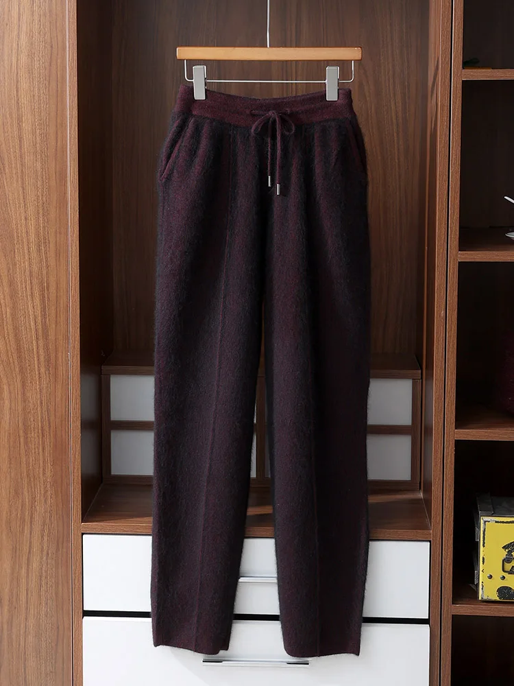 100% Mink Cashmere Solid Basic Elastic Waistband Trousers Pull The Drawstring Comfort Soft Warm Autumn Winter Men's Pants