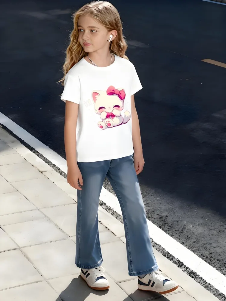 

​Kids Children's Cotton T-Shirt Hello Kitten with Pink Bow and Cheerful Expression for Boys Girls Kawaii Animal Theme​
