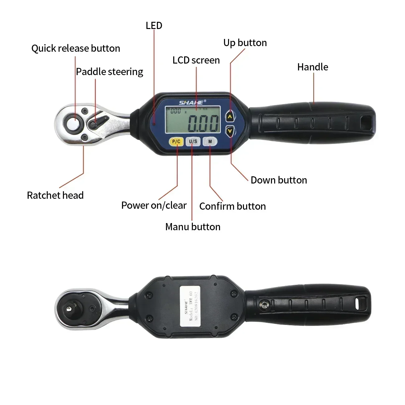 Shahe 1/4'' 3/8'' 1/2'' Mini klucz dynamometryczny Dwukierunkowa głowica grzechotkowa Regulowany klucz dynamometryczny Cyfrowy