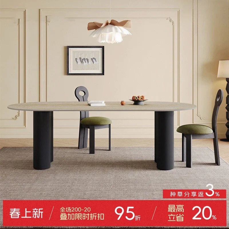 Deli Feng cave stone rock slab dining table oval French retro designer mid-ancient style solid wood diningtable and chair combi