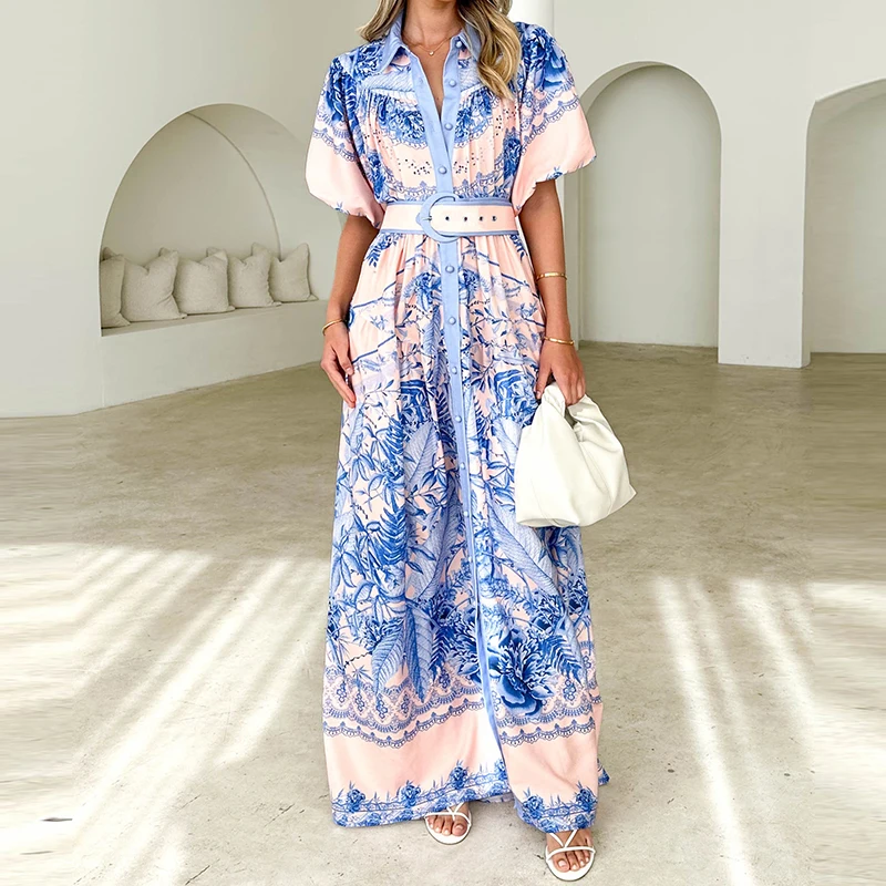 Casual Women's Lapel Shirt Dress Vintage Floral Print High Waist Long Dress Summer Single Breasted Short Sleeved Bohemian Dress