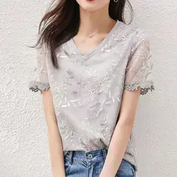 Chinese Style Summer New Vintage Embroidery V-neck Short Sleeve Lace Women Elegant Patchwork Niche Trend Net Yarn Paisley Tops