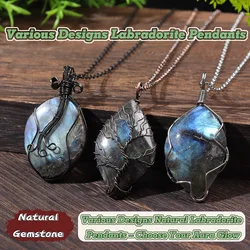 VGDS Unique Natural Crystal Labradorite Stone Handmade Wire Wrapped Charms Pendants Necklaces Retro Fashion Men Women Jewelry