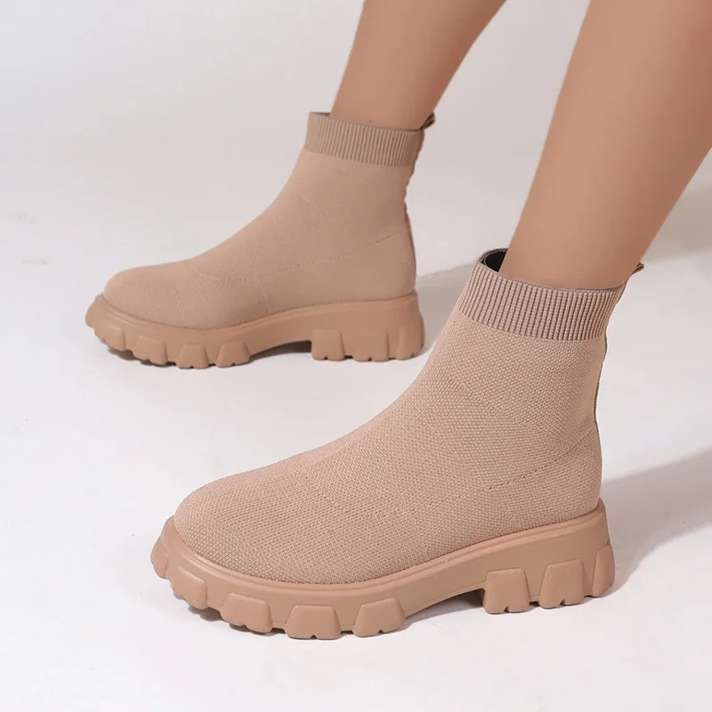 Merk Dames Enkellaarsjes Lichtgewicht Casual Schoenen voor Vrouwen Wedge Fashion Sok Laarzen Breien Winter Medium Tube Platform Boot