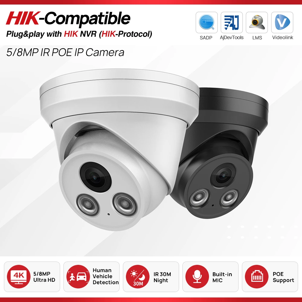 4K Security Camera 8MP IP Camera 5MP PoE IR Night Vision CCTV Camera Build in MIC Hikvision Protocol Video Surveillance Cameras