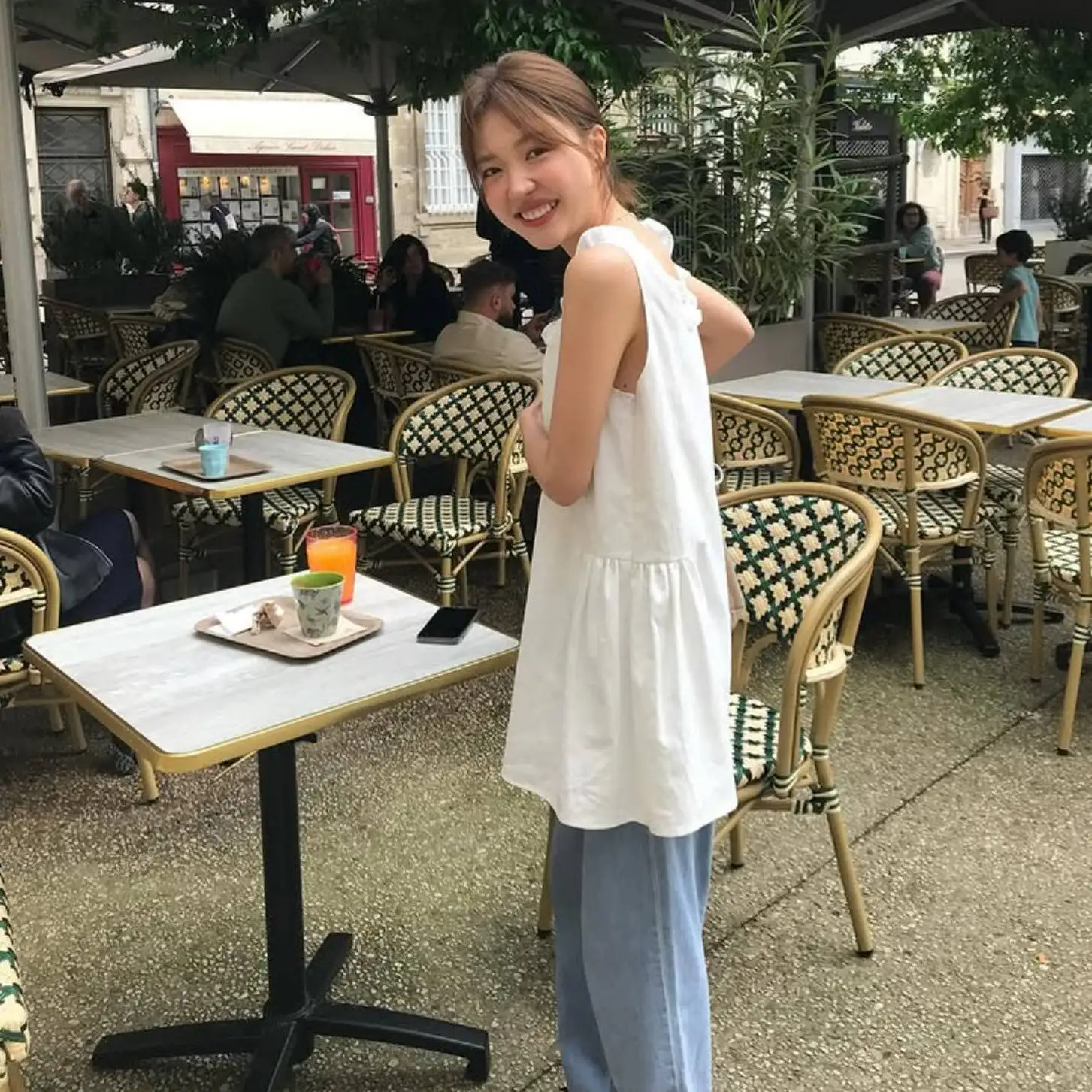 Dulce Color puro redondo Ne chaleco Dr Dongda puerta Tannat Retro pequeño ence Ele Sle Casual algodón verano Dr