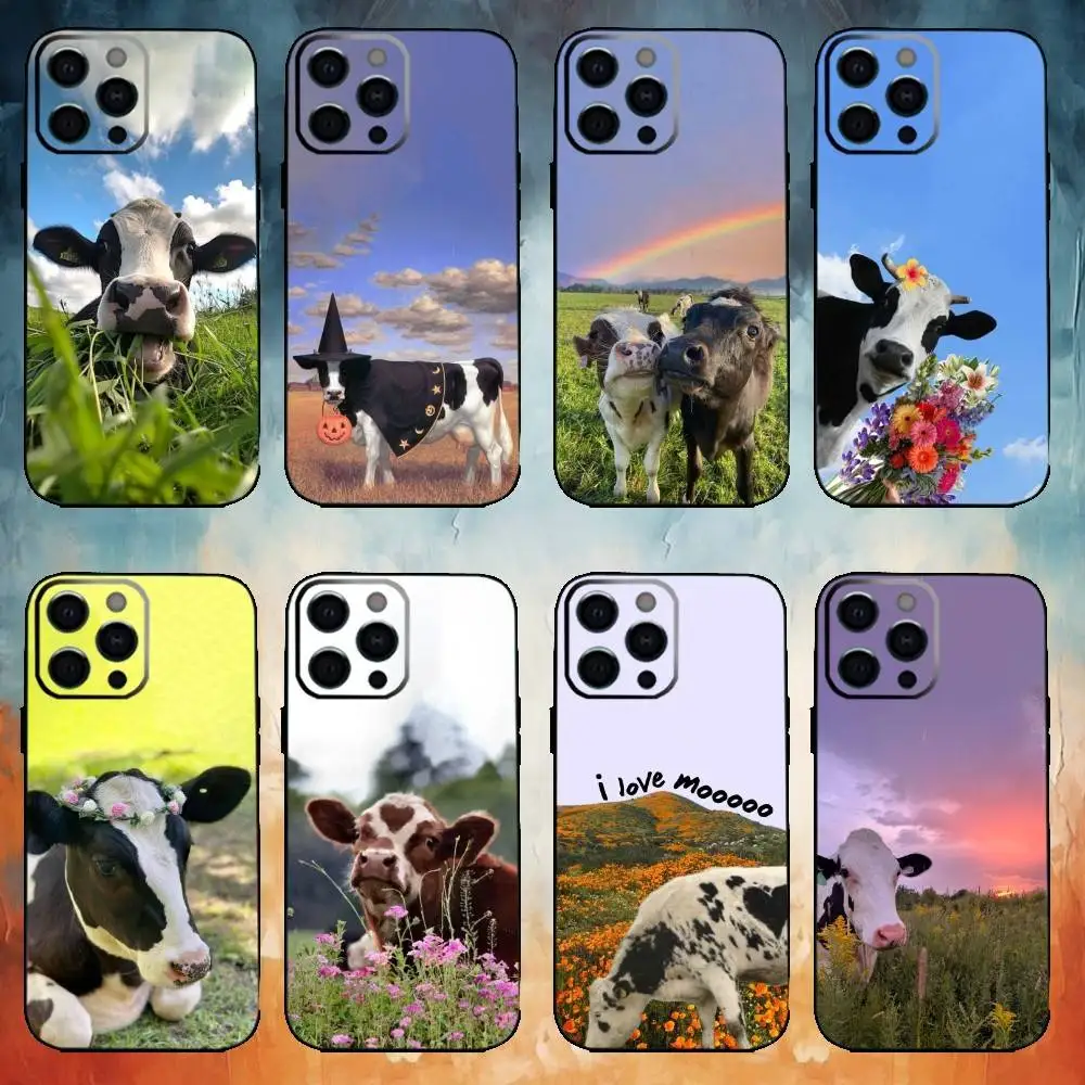 

C-Cute and funny cow Phone Case For iPhone17,16,15,14,13,12,11 Plus,Pro Max Soft Black Cover