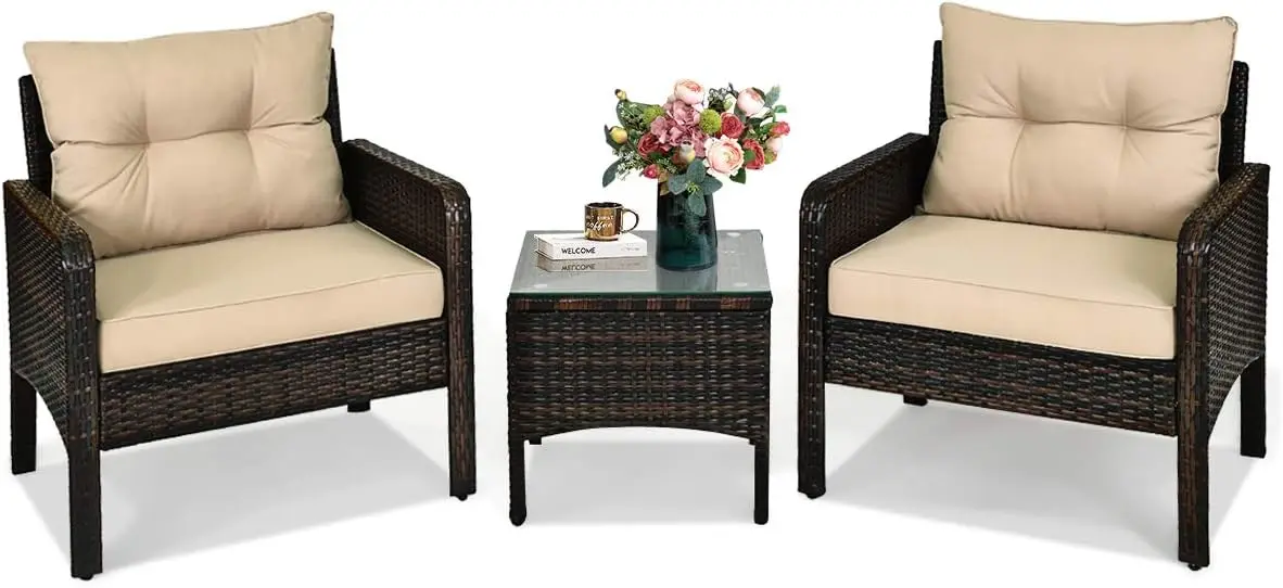 

3 Pieces Patio Furniture Set Outdoor Rattan Wicker Coffee Table & Chairs Set with Seat Cushions Patio