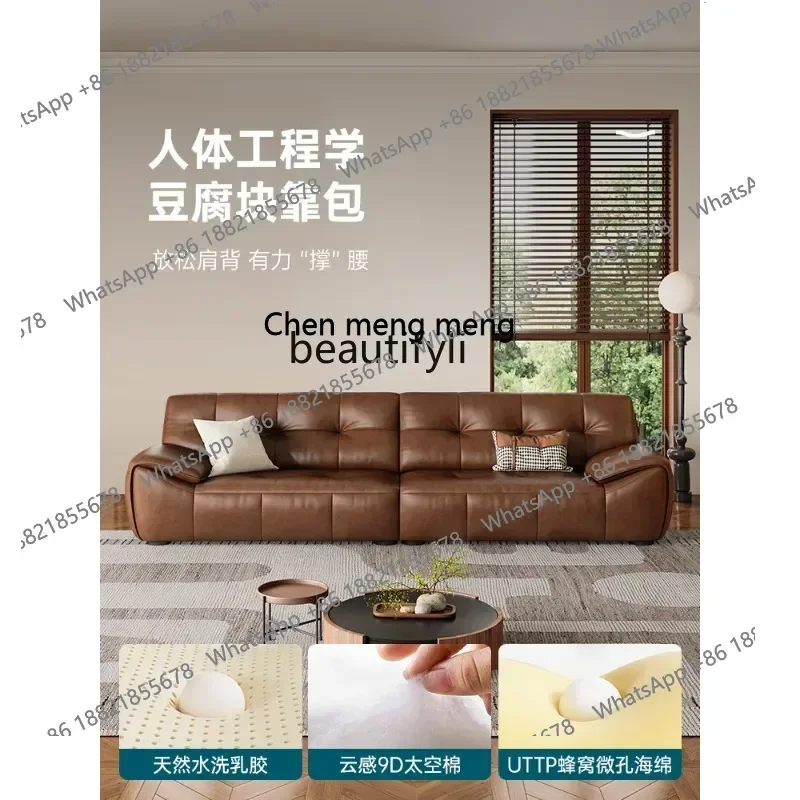 z183  Oil wax leather sofa living room French retro style straight row real cowhide sofa