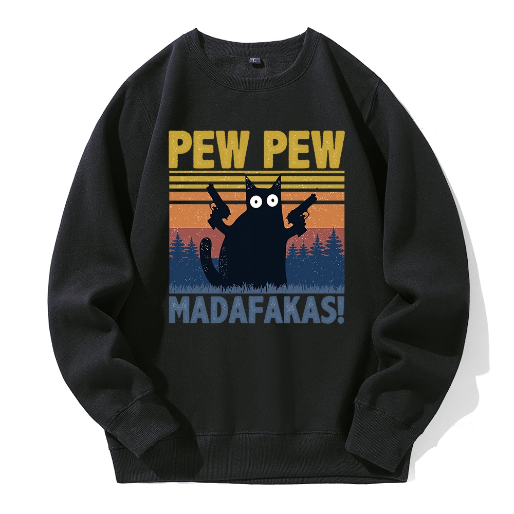 Pew Pew Madafaks Black Cats Printing Hoodies Men Novelty Fashion Hoody Retro Customize Hooded Loose Oversized Fleece Tracksuit