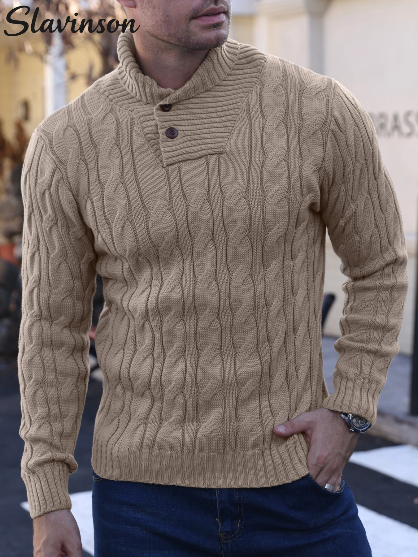 Ropa de otoño para hombre: camisa de punto texturizada con botones y solapa, cálida y cómoda para ir al trabajo