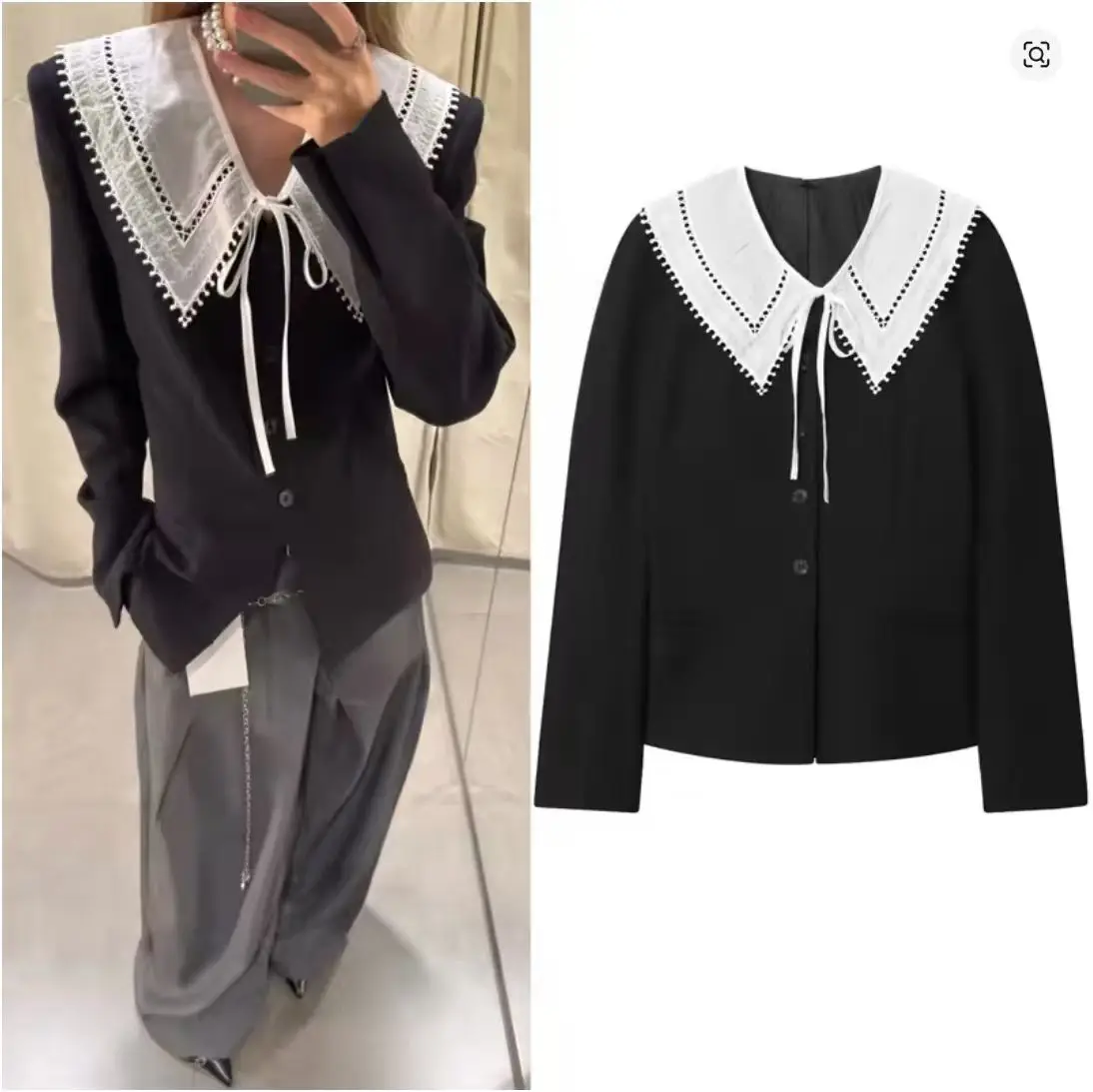 

Women Color Blocking Detachable Collar Shirt Autumn Long Sleeve Casual Solid Single Breasted Fashionably Female Chic Tops