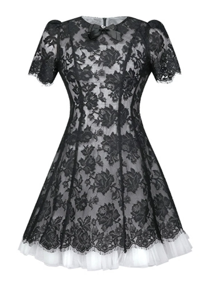فستان نسائي صيفي جديد بأكمام قصيرة من الدانتيل باللون الأسود الوردي أنيق بفيونكة شفافة من التول لحفلات الكوكتيل بقصة ضيقة فستان رسمي للسيدات
