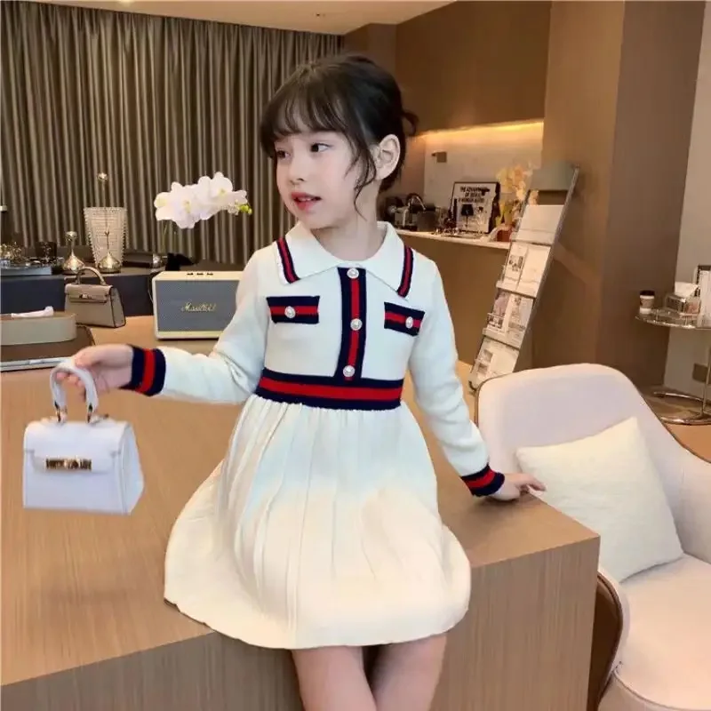 Girls Knitted Dresses Autumn Winter New Sweater Dress Children Academic Style Warm Princess Dress Korean Kids Clothing 2-6Yrs