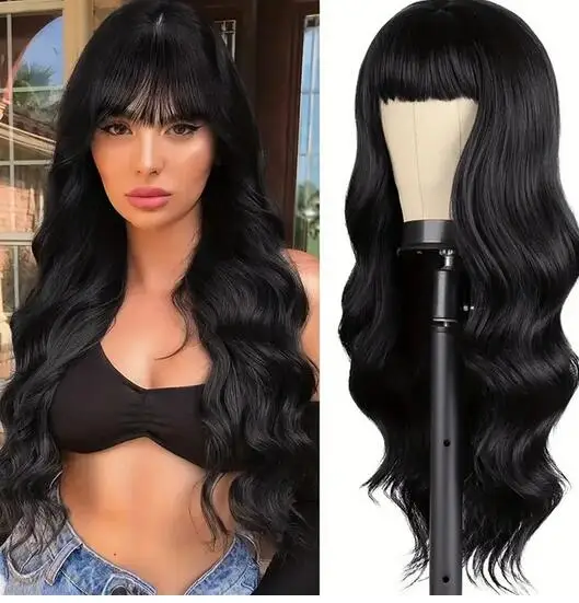 

New wig female straight bangs big waves long curly hair black matte chemical fiber high temperature silk wig full head cover