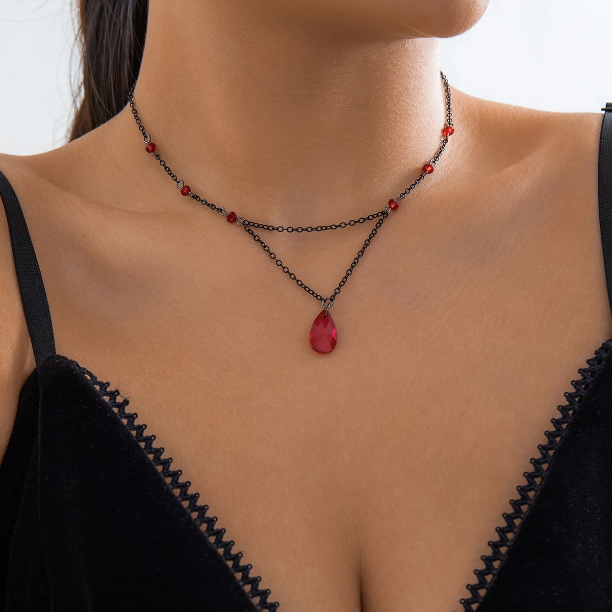 Lacteo Simple Crystal Ball Chain Choker Drop Shape Black Red Beads Pendant Necklace for Women Jewelry On The Neck Party Gifts