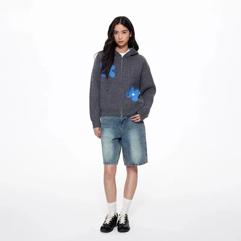 플라워 후드 스웨터 레이지 니트 스타일 가디건 가을 겨울 아우터 지퍼 캐주얼 트렌디 탑