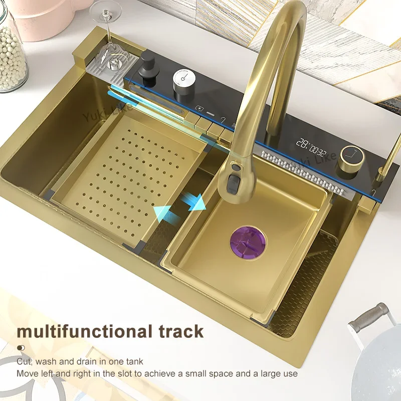 Golden Kitchen Sink Multifunctional Stainless Steel Waterfall Sink Embossed Digital Display Large Single Slot Gold Wash Basin