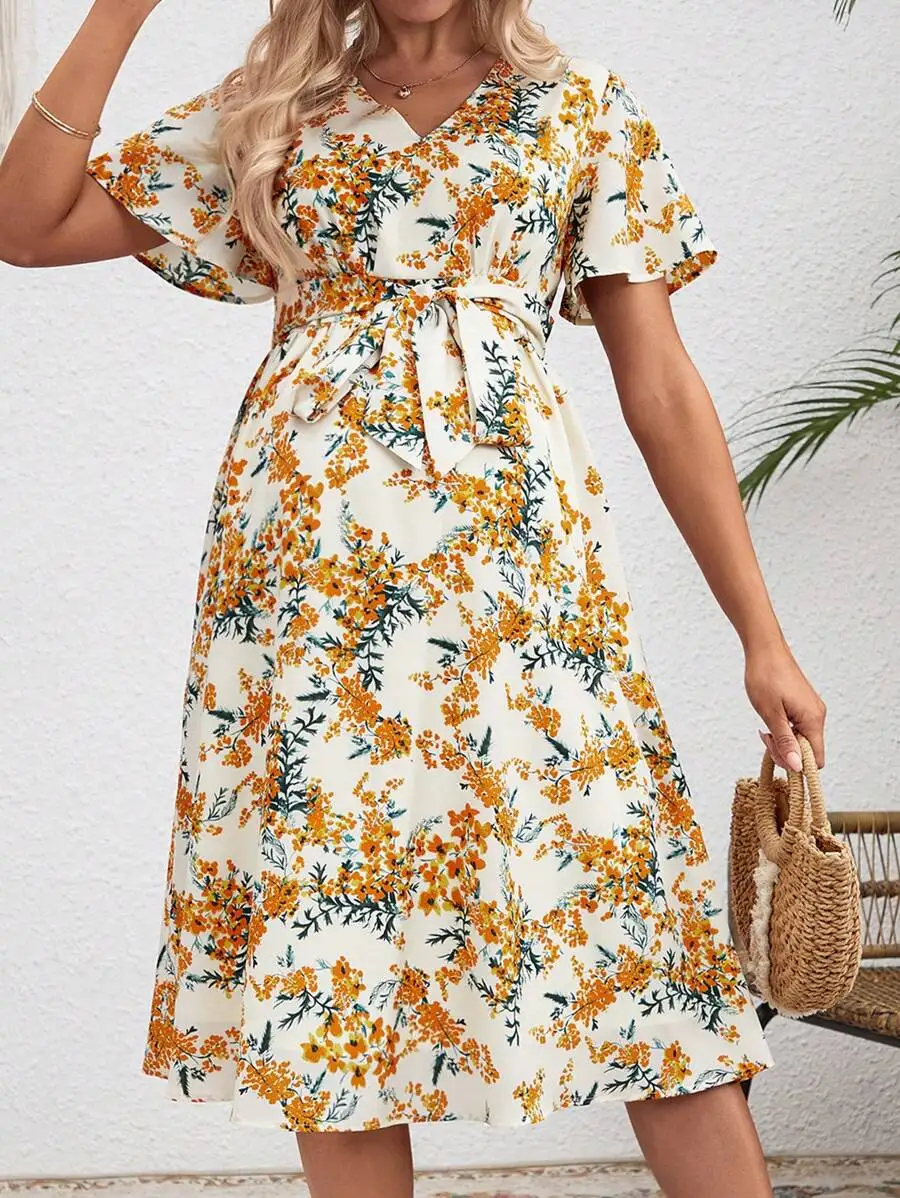 Floral Wrap Maternity Dress With V Neck And Belted Waist