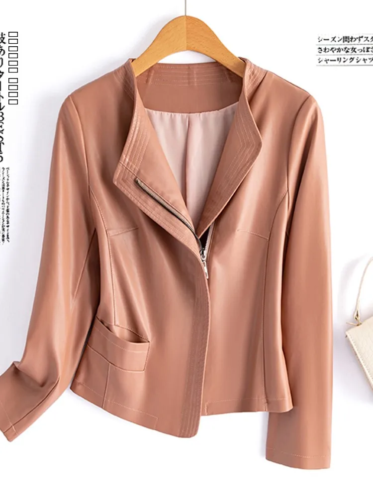 Giacca da motociclista in vera pelle da donna, cappotto in pelle di pecora, nuovo modello primavera autunno, slim fit, manica lunga, con cerniera, ideale per il pendolarismo.