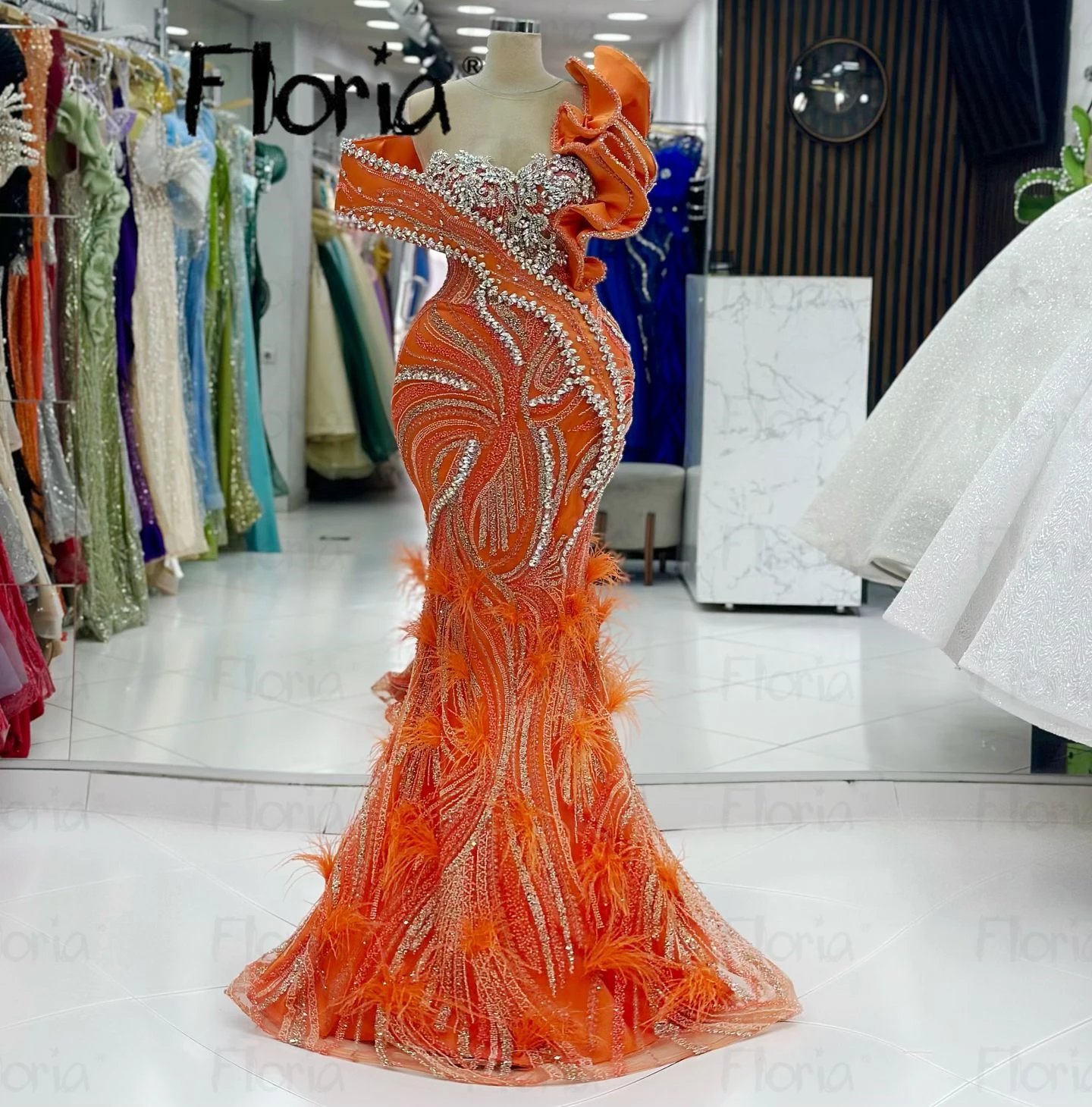 Black Girls Luxury Orange Cocktail Dress Heavy Stones Wedding Party Gowns With Mermaid Feathers African Engagement Formal Dress